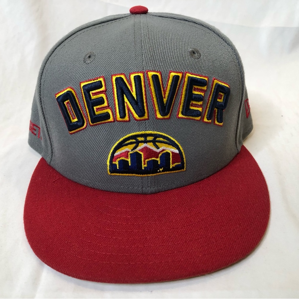 New Era NBA Denver Nuggets Skyline Red Yellow Gray Fitted Hat - Size 7 3/8